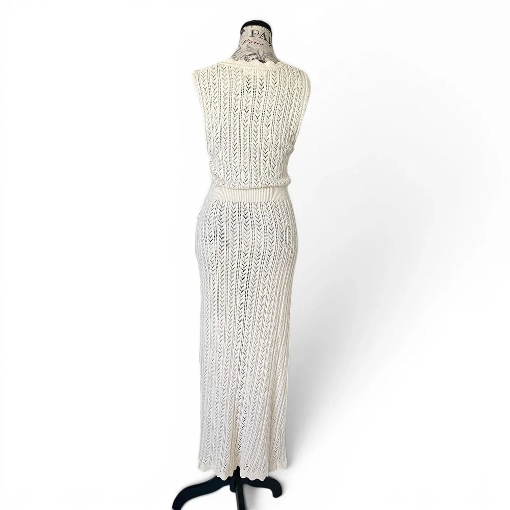 Mango MNG Knit Maxi Dress Womens M Cream Pointelle Button Front Sleeveless Boho - Picture 6 of 15